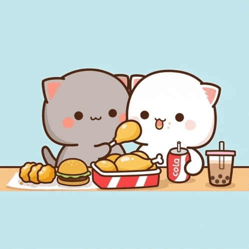 two cartoon cats are sitting at a table eating chicken and drinking cola