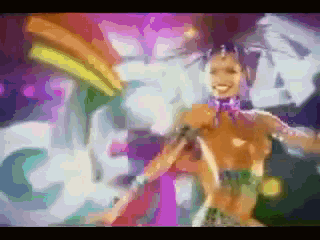 a pixelated image of a woman in a colorful outfit