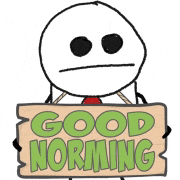 a cartoon character is holding a sign that says " good morning "