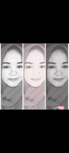 a woman wearing a hijab is shown in three different angles