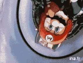 a pixelated image of mario going down a slope