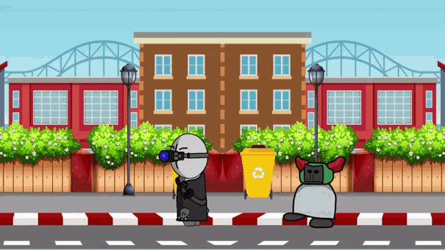 a cartoon character standing next to a trash can that says recycle