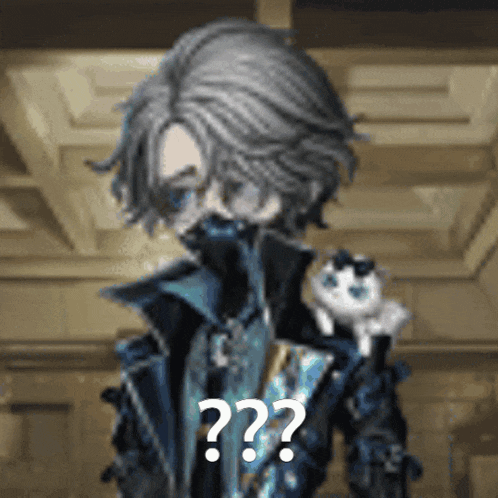 a man with a cat on his shoulder has a question mark above his head .
