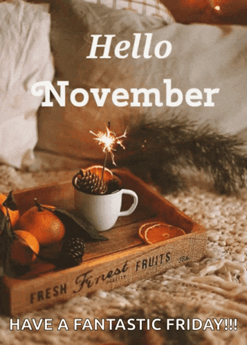 a poster that says hello november with a tray of fruit and a sparkler