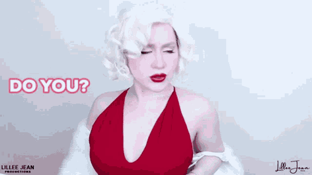 a woman in a red dress is asking the question " do you "