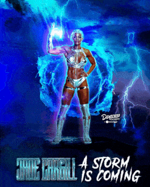 a poster that says a storm is coming with a woman holding a lightning bolt