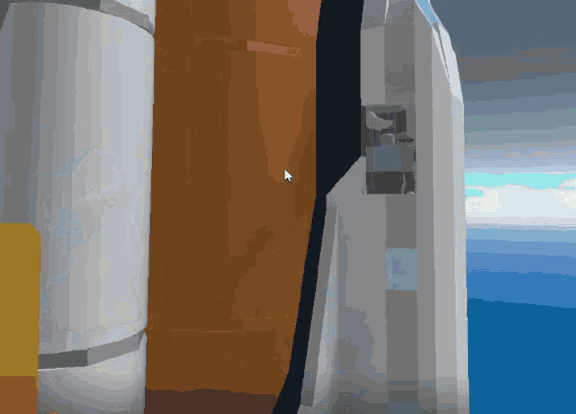 a computer generated image of a space shuttle with a white arrow pointing to it