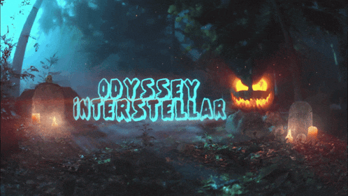 a poster for odyssey interstellar with pumpkins and graves