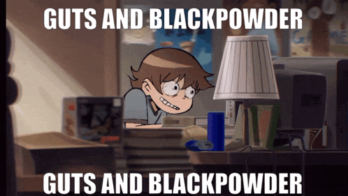 a cartoon of a boy looking at a computer screen with the words guts and blackpowder