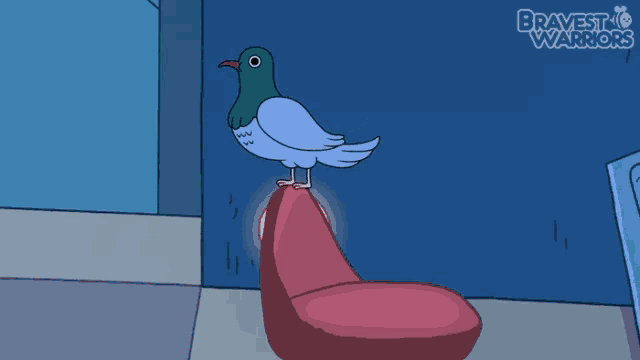 a cartoon of a pigeon standing on top of a red chair with bravest warriors written on the bottom right