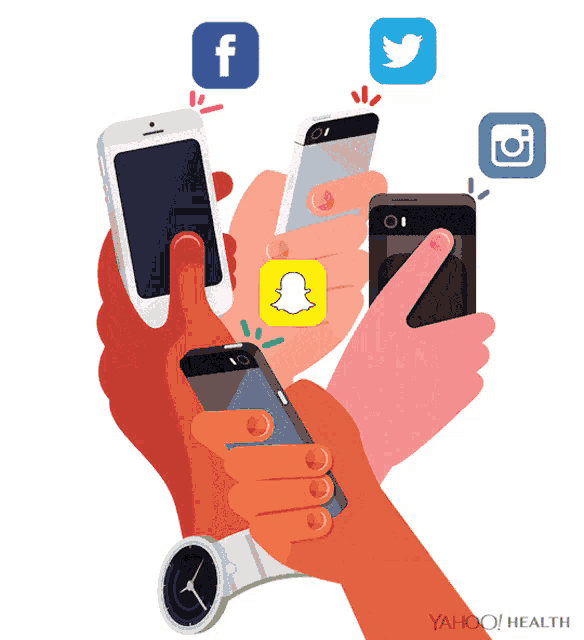 a group of hands holding cell phones with icons for facebook twitter and snapchat