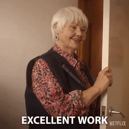 an older woman is standing in front of a door with the words excellent work netflix behind her