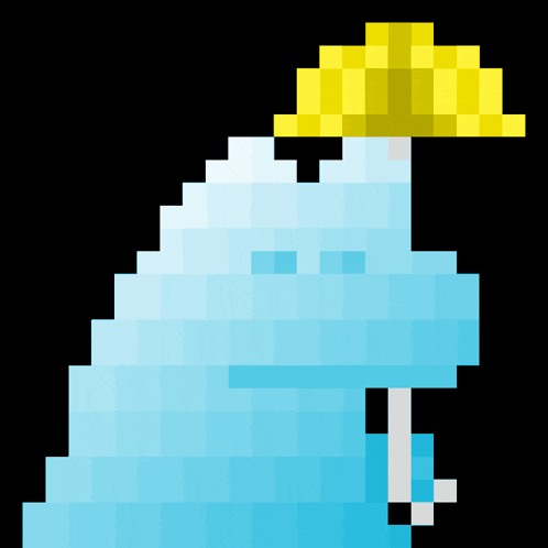 a pixel art drawing of a cloud with a yellow hat and umbrella