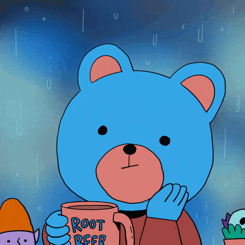 a blue teddy bear holding a root beer mug