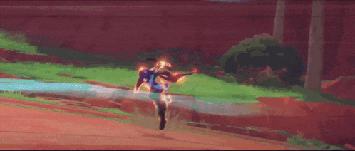 a video game character with blue hair and headphones is holding a sword