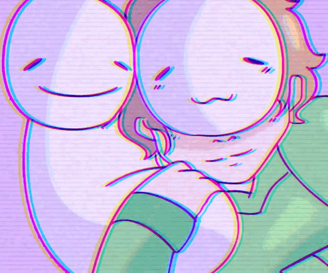 a drawing of a person holding two masks on their faces