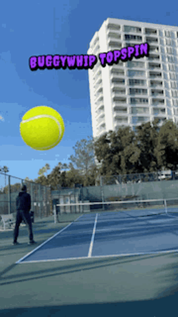 a tennis ball is flying in the air with the words buggywhip topspin above it