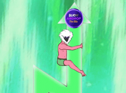 a cartoon monkey is sitting on a green arrow with a $ lion airdrop sign above him