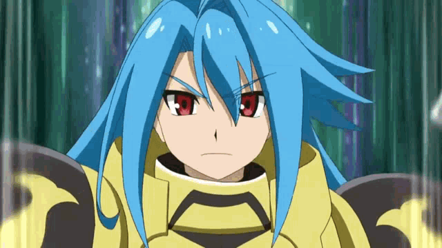 a cartoon character with blue hair and red eyes is wearing a yellow armor