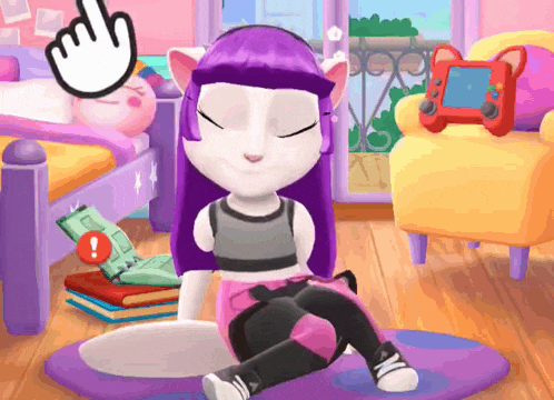 a cartoon cat with purple hair is sitting on a rug