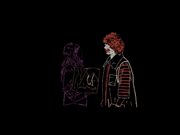 a drawing of a clown and a girl with flowers coming out of their mouths