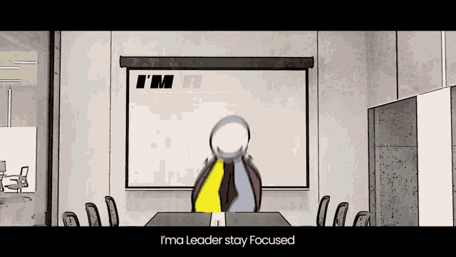 a cartoon of a man sitting at a table with the words " i 'm a leader stay focused " on the bottom