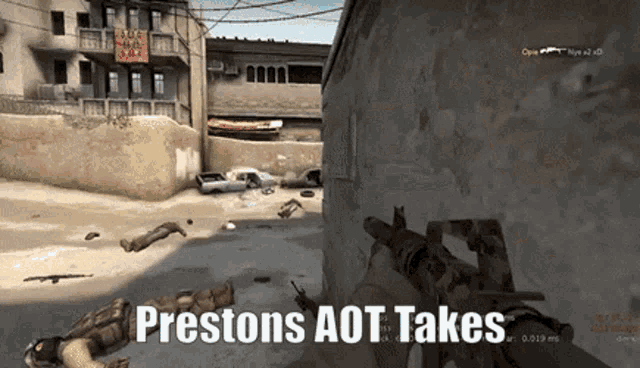 a screenshot of a video game with the words preston aot takes