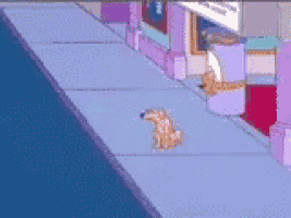 a cartoon dog is walking down a sidewalk in front of a building .