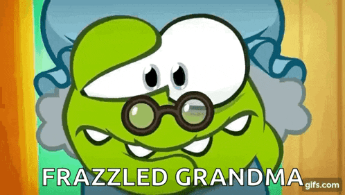 a cartoon character is wearing glasses and a wig and the words `` frazzled grandma '' .