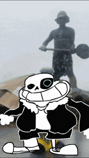a black and white drawing of sans standing next to a man holding a barbell