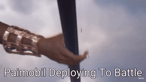 a person holding a pole with the words paimobil deploying to battle written on it
