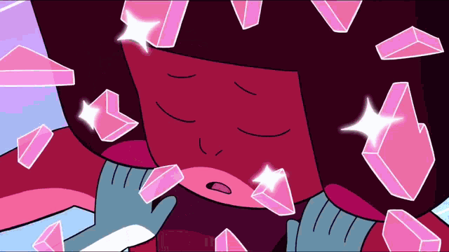 a cartoon character is surrounded by pink crystals and gems