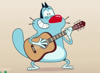 a cartoon cat is playing a guitar with a red nose