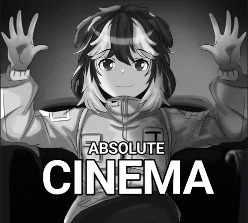a black and white drawing of a girl with the words absolute cinema above her