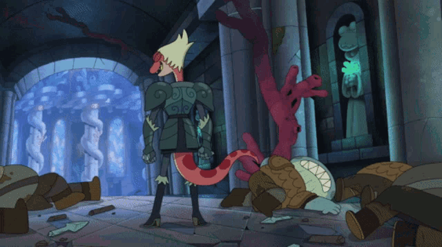 a cartoon character with a lizard tail is standing in a room