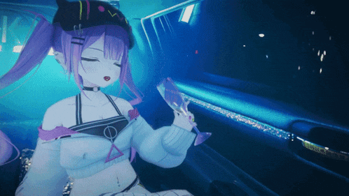 a girl with purple hair is sitting in a car