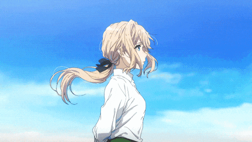 a blonde anime girl with a ponytail and blue eyes stands in front of a blue sky