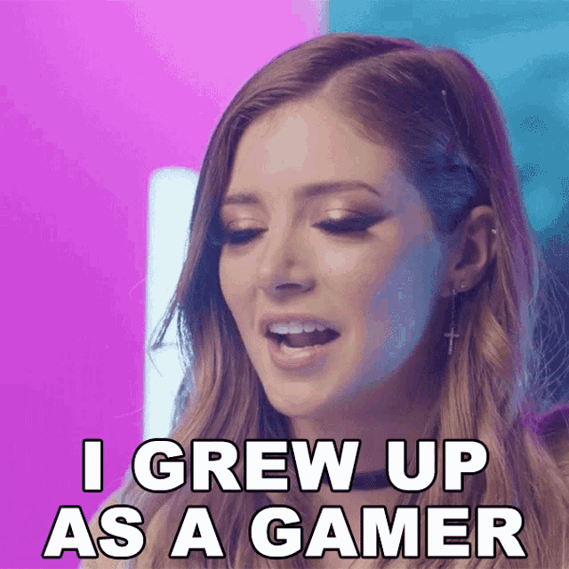 a woman says " i grew up as a gamer " in front of a purple background