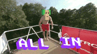 a man with a cardboard box on his head is jumping off a diving board and the words all in are above him