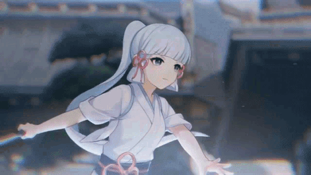 a girl with white hair and a ponytail is holding a sword .