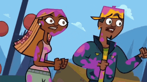 a man and a woman are standing next to each other in a cartoon scene .
