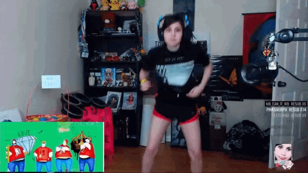 a girl is dancing in front of a green screen with a sign that says we can if you subs