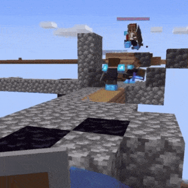 a screenshot of a minecraft game shows a person flying through the air and a few other players in the background