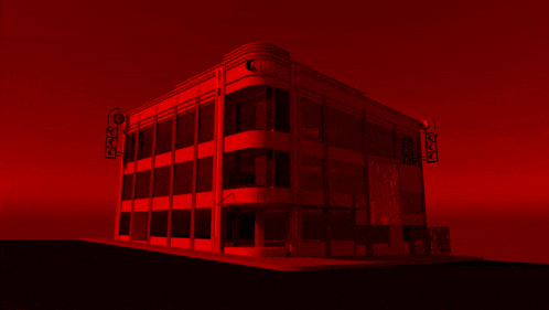 a red building with a sign that says ' aaa ' on it