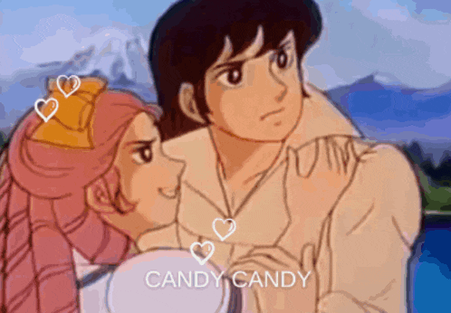 a cartoon of a boy and a girl hugging with the words candy candy on the bottom right