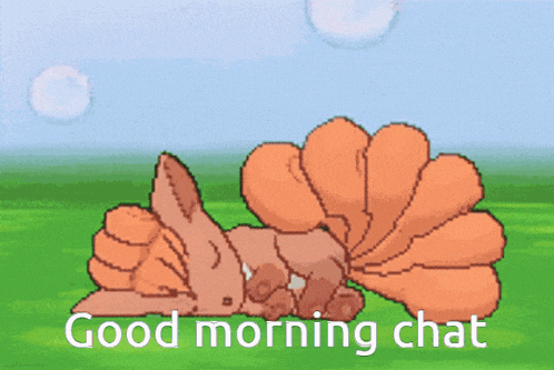 a cartoon of a fox laying on the grass with the words good morning chat written below it
