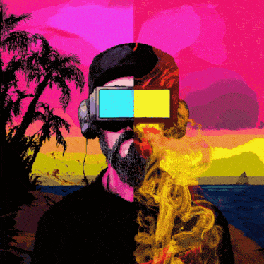 a painting of a man with a beard wearing virtual reality glasses