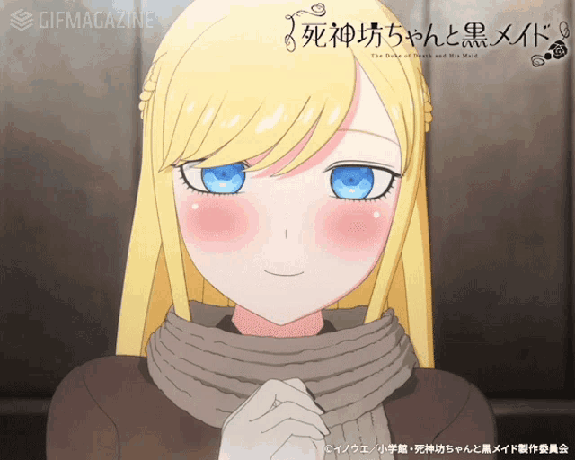 a girl with blonde hair and blue eyes is wearing a scarf and smiling for the camera