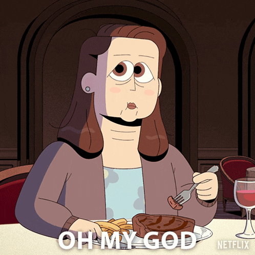 a cartoon of a woman sitting at a table with a plate of food and the words oh my god written below her