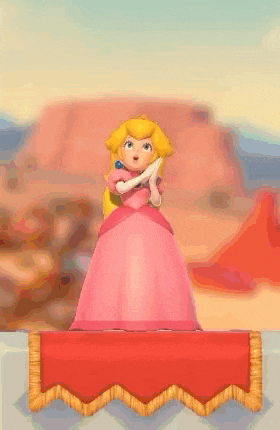 princess peach is standing on a red carpet in a video game holding a microphone .